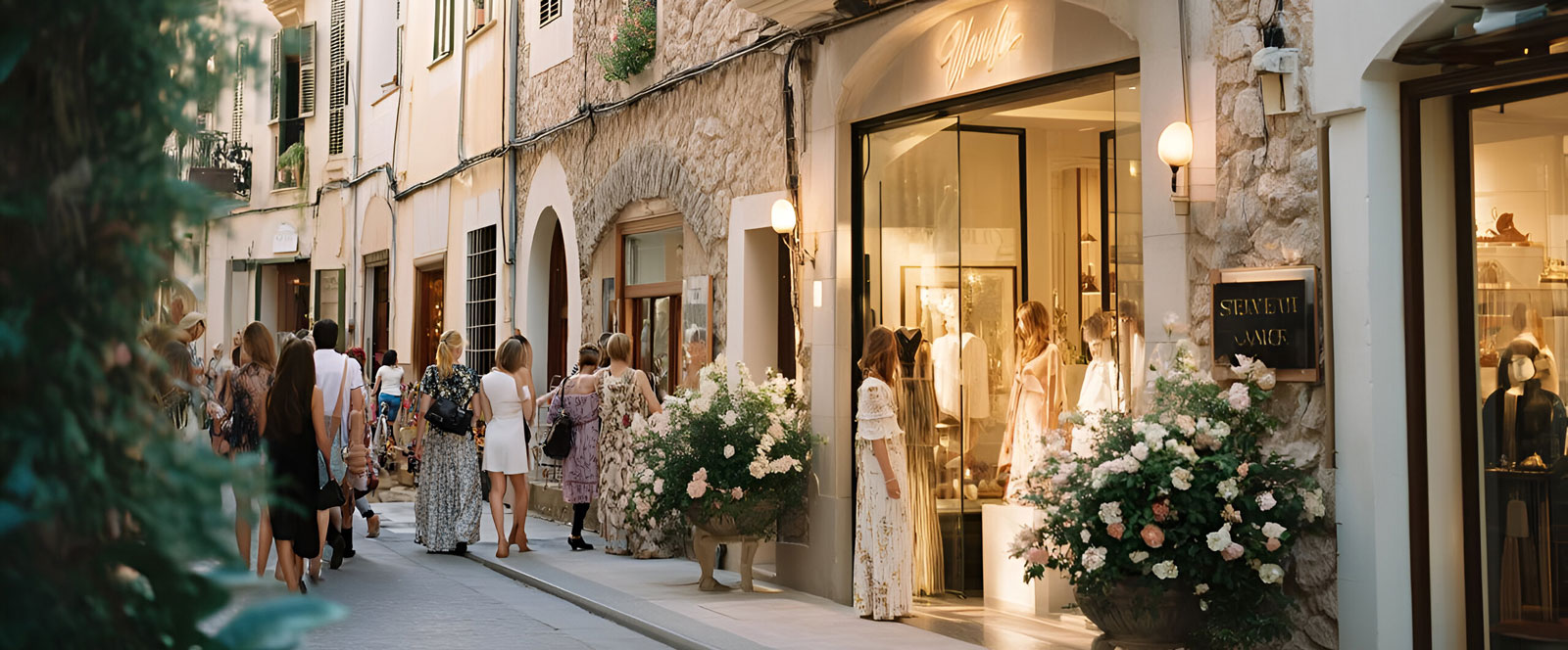 Belebte Altstadtgasse von Palma mit Boutiquen und Galerien